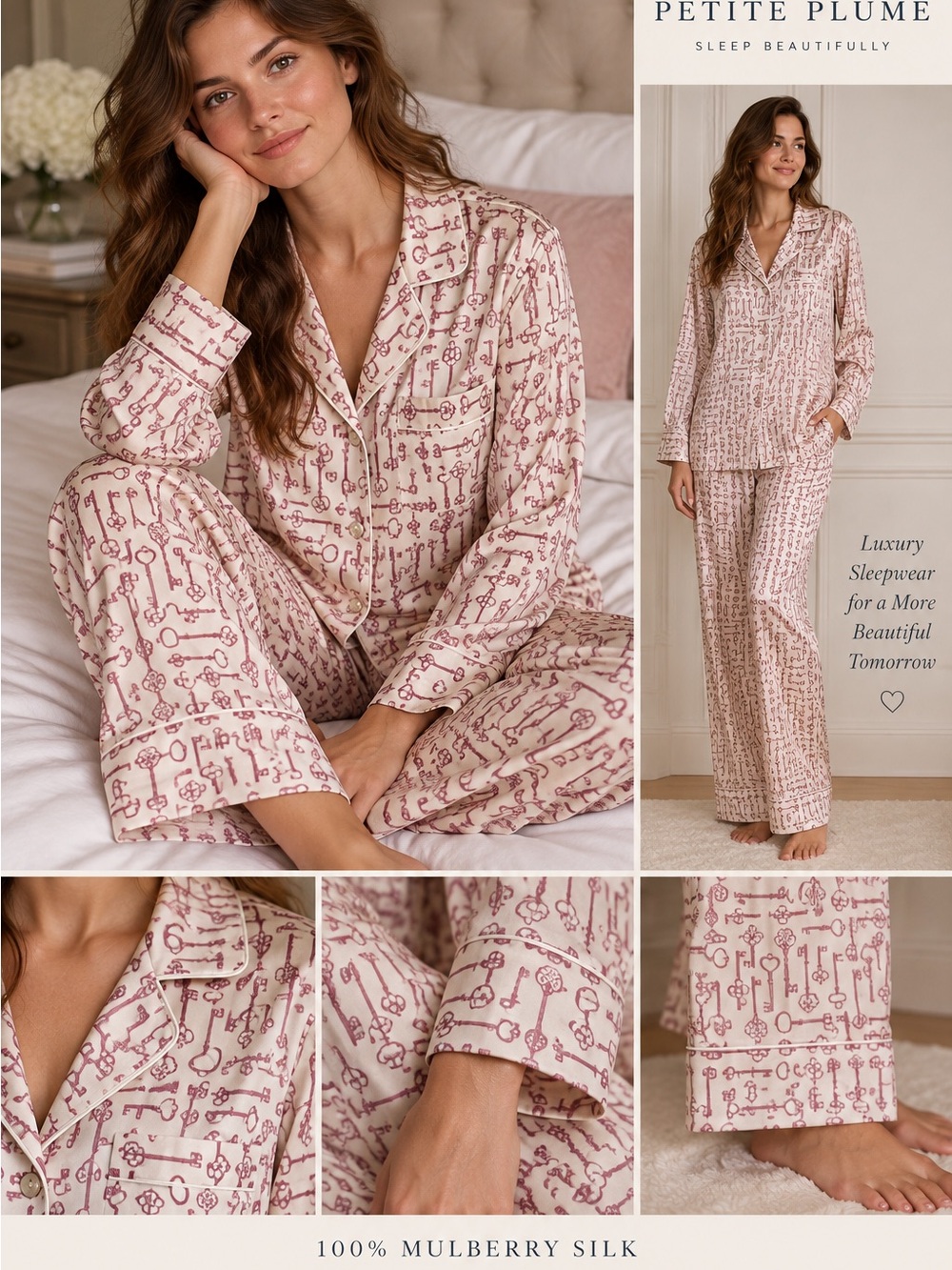 Petite Plume Key to My Heart 100% Mulberry Silk Pajama Set NWT
